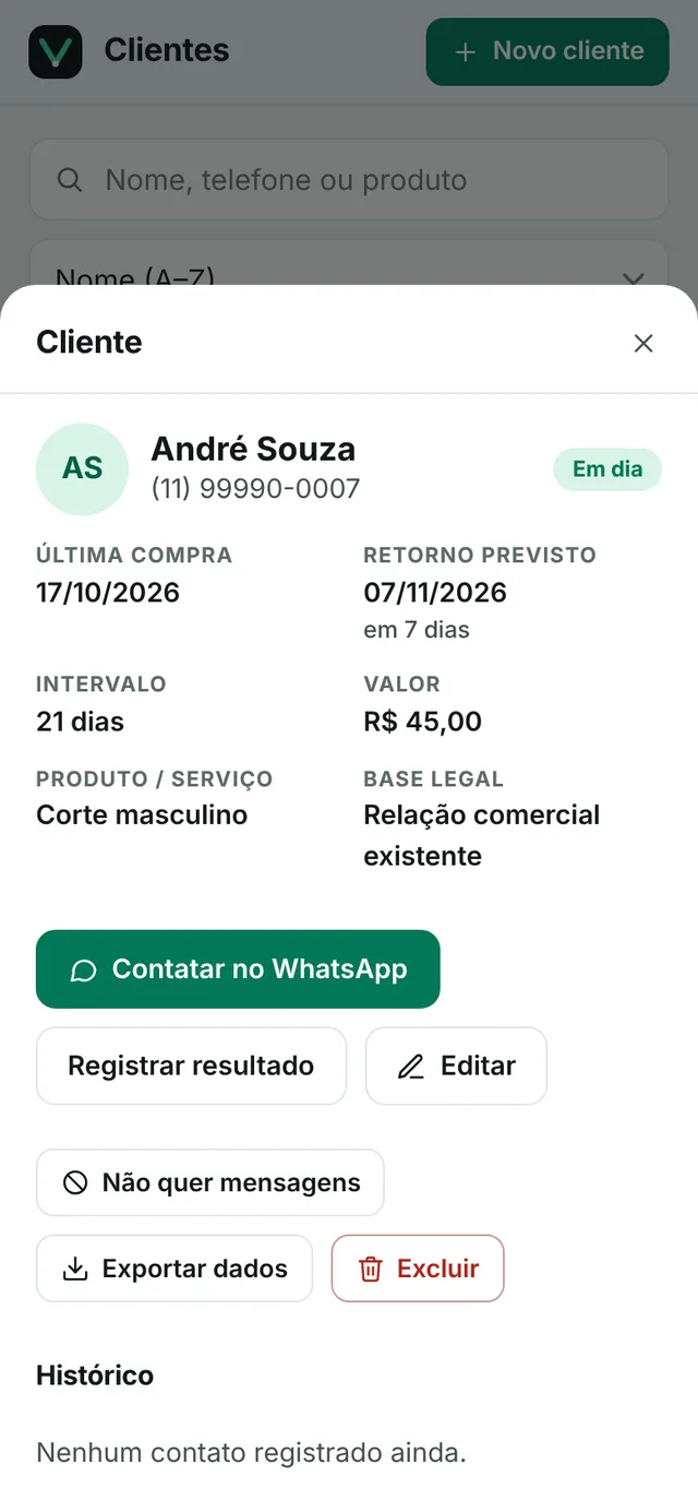 Ficha de um cliente com última compra, retorno previsto, intervalo, valor, produto e botões Contatar, Registrar resultado e Editar.