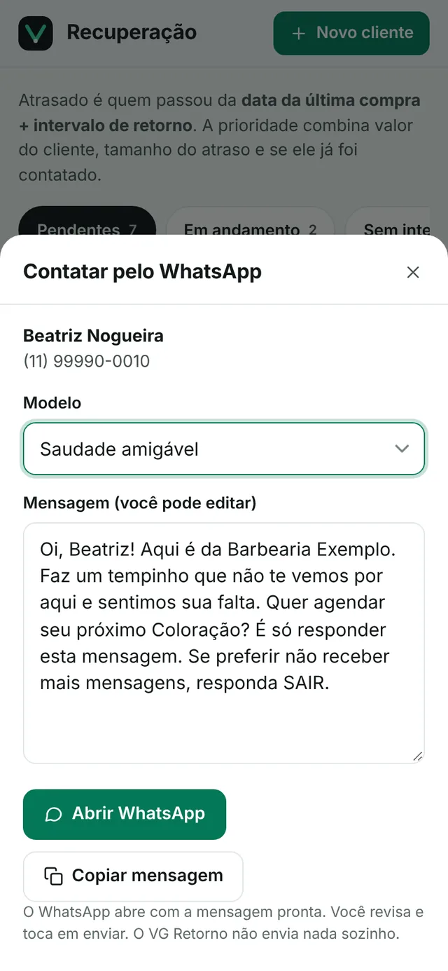 Janela Contatar pelo WhatsApp com o modelo Saudade amigável, texto editável e botões Abrir WhatsApp e Copiar mensagem.